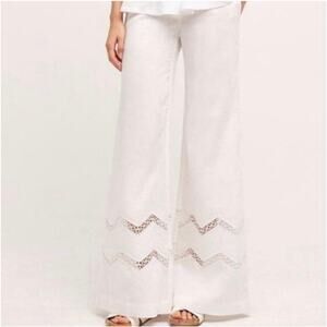 Anthropologie Elevenses Linen Pants Size 8 White Wide Crop Open Work Boho Cotton